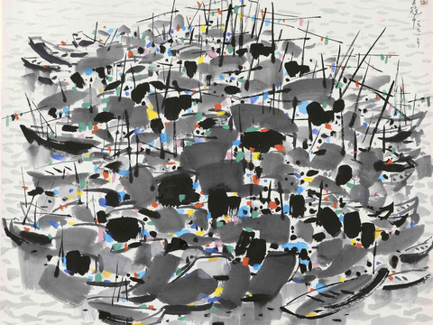  吴冠中绘画作品，写意水墨画，近现代水墨画，写意江南古镇水墨画 