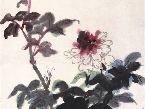  张大千绘画作品，中国近现代水墨画，写意水墨画牡丹 