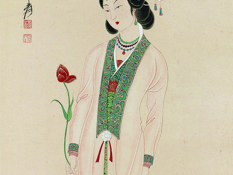 张大千绘画作品，中国近现代水墨画，写意水墨画仕女图