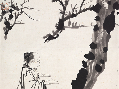 张大千绘画作品，中国近现代水墨画，写意水墨画松下读书图