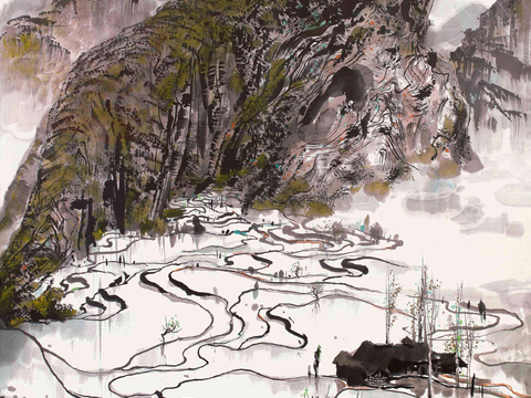  吴冠中绘画作品，写意水墨画，近现代水墨画，写意江南古镇水墨画 