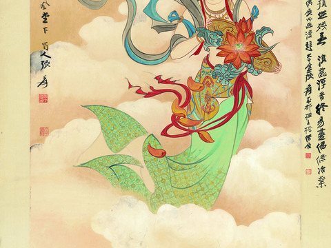 张大千绘画作品，中国近现代水墨画，写意水墨画天女散花纸本＋文