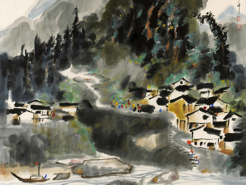  吴冠中绘画作品，写意水墨画，近现代水墨画，写意江南古镇水墨画 