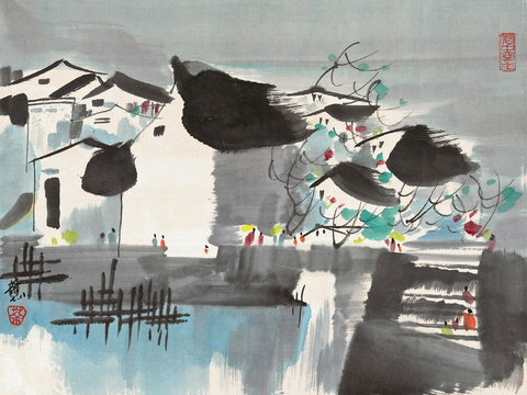 吴冠中绘画作品，写意水墨画，近现代水墨画，写意江南古镇水墨画
