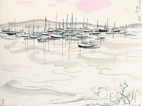  吴冠中绘画作品，写意水墨画，近现代水墨画，写意江南古镇水墨画 