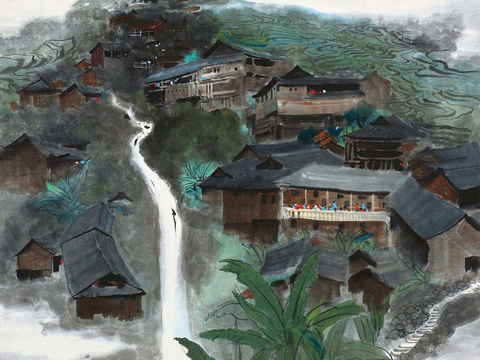  吴冠中绘画作品，写意水墨画，近现代水墨画，写意江南古镇水墨画 