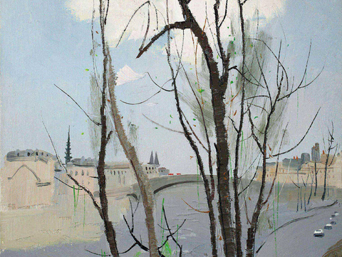  吴冠中绘画作品，写意水墨画，近现代水墨画，写意江南古镇水墨画 