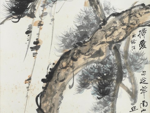 张大千绘画作品，中国近现代水墨画，写意水墨画松寿延年