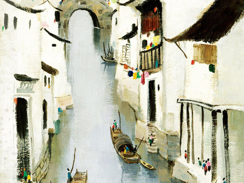 吴冠中绘画作品，写意水墨画，近现代水墨画，写意江南古镇水墨画