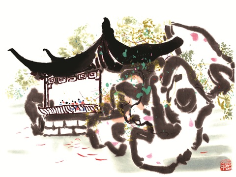 吴冠中绘画作品，写意水墨画，近现代水墨画，写意江南古镇水墨画