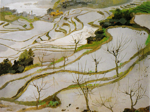  吴冠中绘画作品，写意水墨画，近现代水墨画，写意江南古镇水墨画 