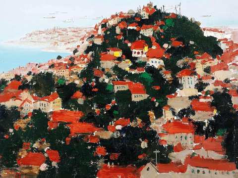  吴冠中绘画作品，写意水墨画，近现代水墨画，写意江南古镇水墨画 