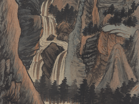  张大千绘画作品，中国近现代水墨画，写意水墨画峡意雾边动 