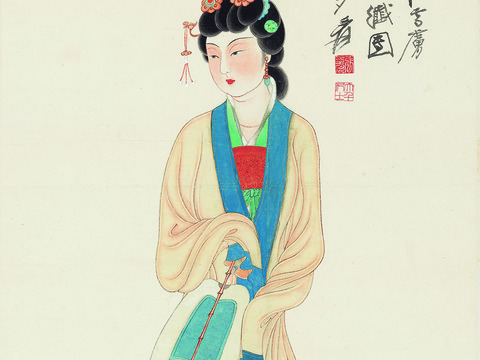 张大千绘画作品，中国近现代水墨画，写意水墨画仕女图纸本