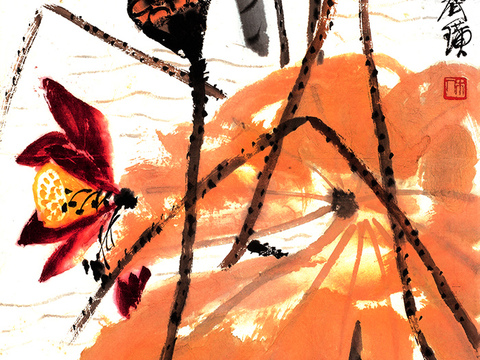 齐白石写意水墨画，近现代水墨画 蜻蜓荷花3 41x81