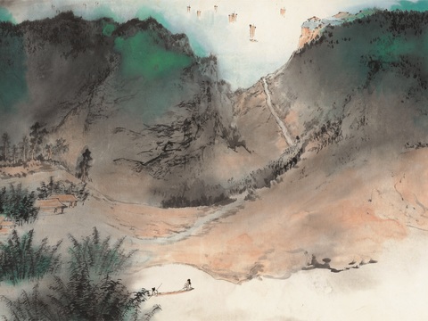 张大千绘画作品，中国近现代水墨画，写意水墨画江村晚归纸本