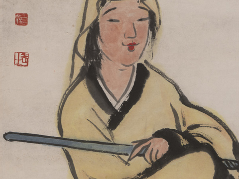 齐白石写意水墨画，近现代水墨画 抚剑图-N 39X120