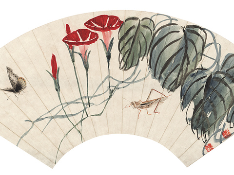 齐白石写意水墨画，近现代水墨画-1865-齐白石-蟋蟀蝴蝶扇