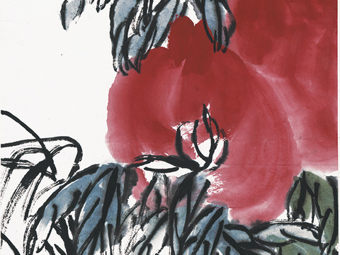 齐白石写意水墨画，近现代水墨画-桃子灵芝 修 33x103