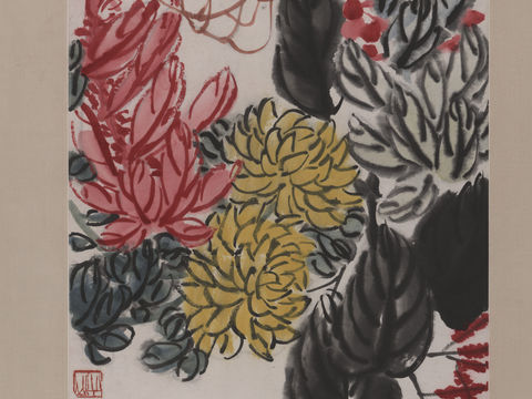 齐白石写意水墨画，近现代水墨画-红花绿叶蝴蝶图