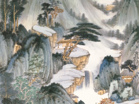 张大千绘画作品，中国近现代水墨画，写意水墨画仿董源华阳仙馆图