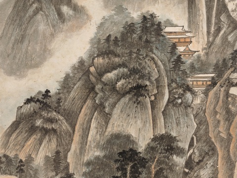 张大千绘画作品，中国近现代水墨画，写意水墨画夏山萧寺