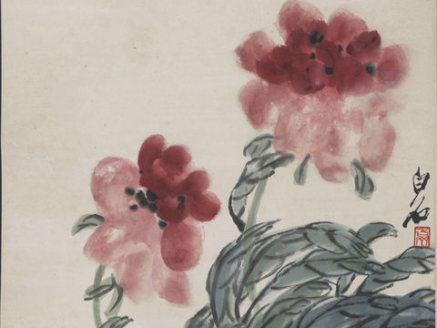 齐白石写意水墨画，近现代水墨画-红花双蝶图