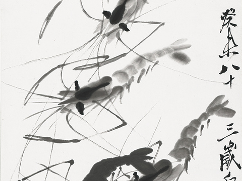 齐白石写意水墨画，近现代水墨画-虾六只 修 34x67