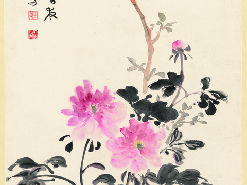  张大千绘画作品，中国近现代水墨画，写意水墨画花卉 