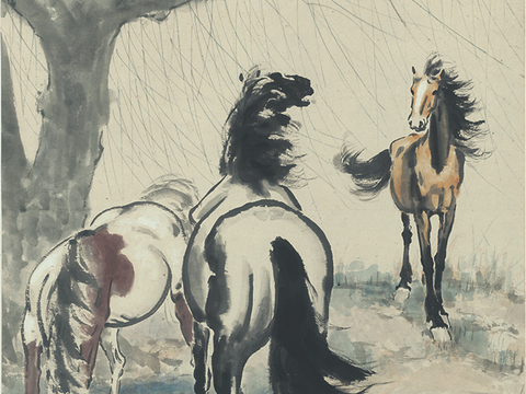 徐悲鸿水墨画，水墨花鸟动物画，近现代水墨画， 三骏图 61x