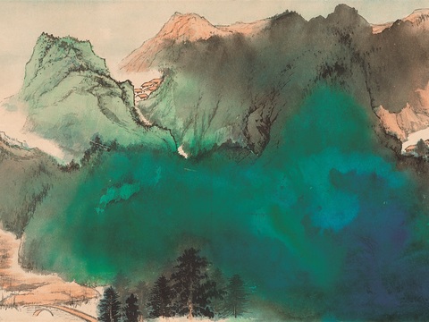 张大千绘画作品，中国近现代水墨画，写意水墨画山路空翠