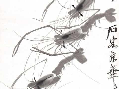 齐白石写意水墨画，近现代水墨画 虾趣图 35x100