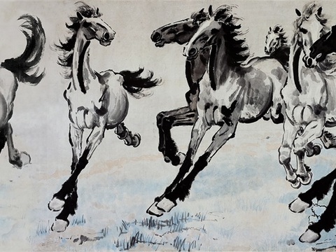 徐悲鸿水墨画，水墨花鸟动物画，近现代水墨画， 八骏图60X1