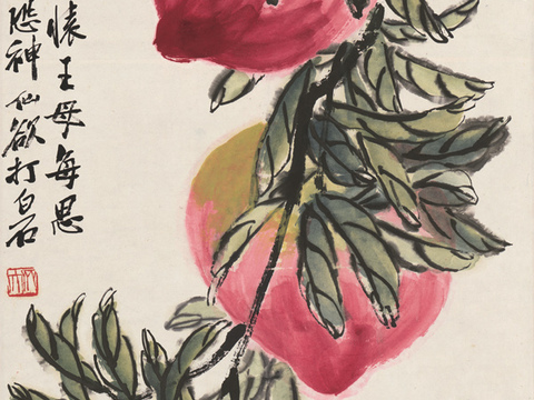 齐白石写意水墨画，近现代水墨画 三寿图-OK 42X102