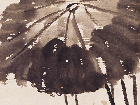 齐白石写意水墨画，近现代水墨画 荷下鸳鸯 37x104