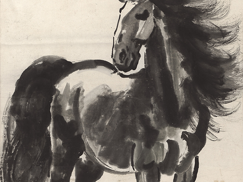 徐悲鸿水墨画，水墨花鸟动物画，近现代水墨画， 骏马静思65.