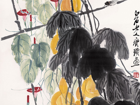 齐白石写意水墨画，近现代水墨画 葫芦牵牛花图 纸128.4X