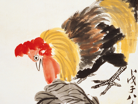 齐白石写意水墨画，近现代水墨画 公鸡大白菜 50x105