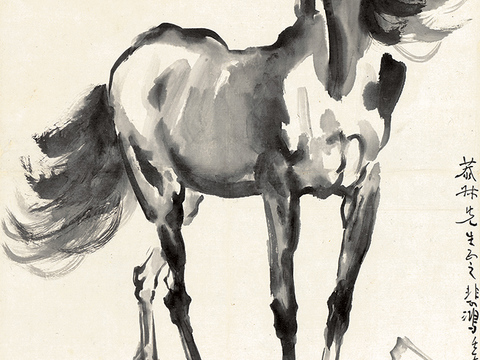 徐悲鸿水墨画，水墨花鸟动物画，近现代水墨画， 立马-65x3
