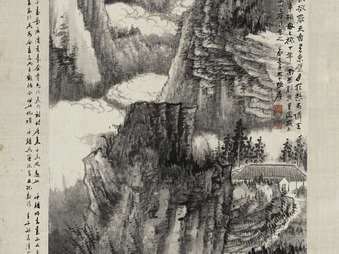 张大千绘画作品，中国近现代水墨画，写意水墨画邺侯读书台图