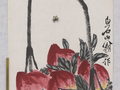 齐白石写意水墨画，近现代水墨画 一篮寿桃