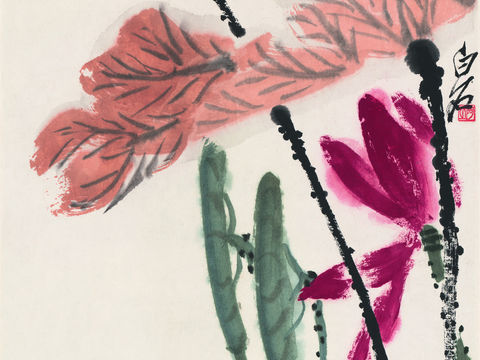 齐白石写意水墨画，近现代水墨画-荷塘墨蝶图