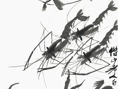 齐白石写意水墨画，近现代水墨画-鱼虾蟹蛙 修 37x96