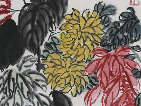 齐白石写意水墨画，近现代水墨画-红花绿叶蝴蝶图 35X105