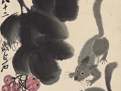 齐白石写意水墨画，近现代水墨画 葡萄松鼠图33-68cm