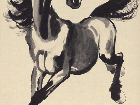 徐悲鸿水墨画，水墨花鸟动物画，近现代水墨画， 奔马回眸图 3