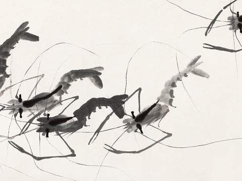 齐白石写意水墨画，近现代水墨画 虾3 30X15