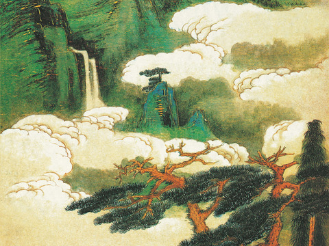 张大千绘画作品，中国近现代水墨画，写意水墨画迎客松