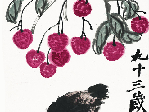 齐白石写意水墨画，近现代水墨画-荔枝鹌鹑图修 34x101
