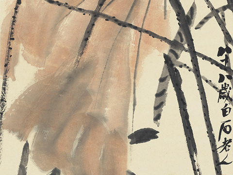 齐白石写意水墨画，近现代水墨画 荷花翠鸟 20x58